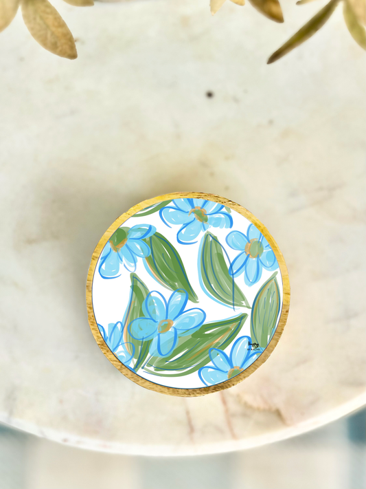 Blue Floral Wood and Enamel Small Tray