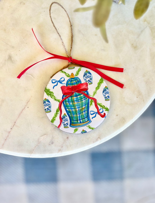 Blue and White Ginger Jar w/ Bow Christmas Ornament